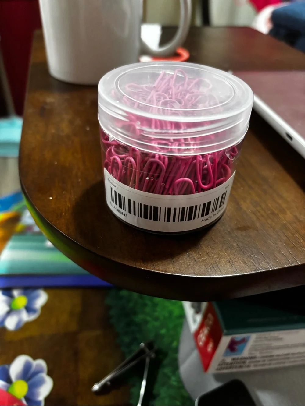 Pink Paper Clips in Clear Storage Jar - Office & Party Supplies